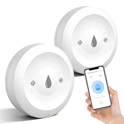 2 detectores de agua WiFi, 50 x 50 x 15 mm, sensor de fugas de agua WiFi, detector inteligente de alarma de agua 2,4 GHz, resistente al agua según IP66, para cocina, baño, sótano, sótano, baño