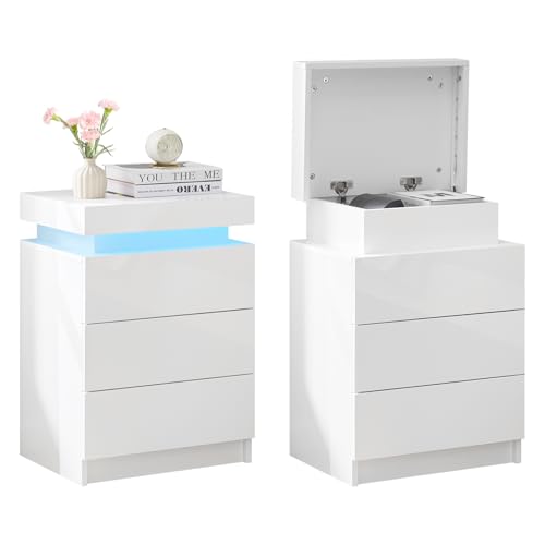 TUKAILAI Nachttisch 2er Set mit LED, Beistelltisch Weiss, Nachtschrank mit...