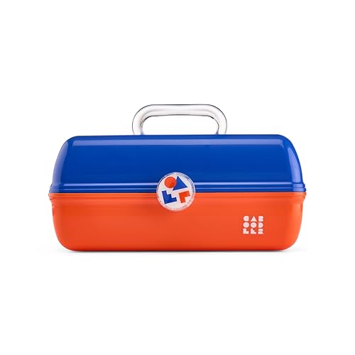 Image of Caboodles School Spirit On-The-Go Girl Makeup Box, Blue Over Orange, Hard Plastic Makeup Organizer Box, Built-In Mirror, Secure Latch for Safe Travel, Spacious Storage for Large Items
