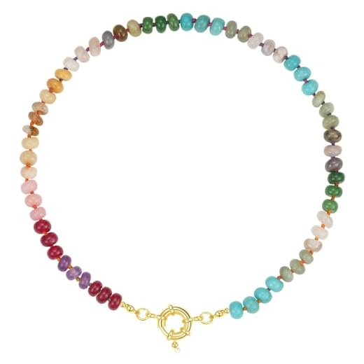 KissYan Beaded Gemstone Necklace for Women, Colorful Boho Bead Choker Natural Stone Surfer Beach Necklaces 14K Gold Plated Summer Handmade Jewelry(B08)