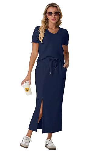 Image of GRECERELLE Women Summer Casual 2 Piece Sets V-Neck Wrinkle-Free Top & Elastic Waist Midi Side Slit Skirt with Pockets