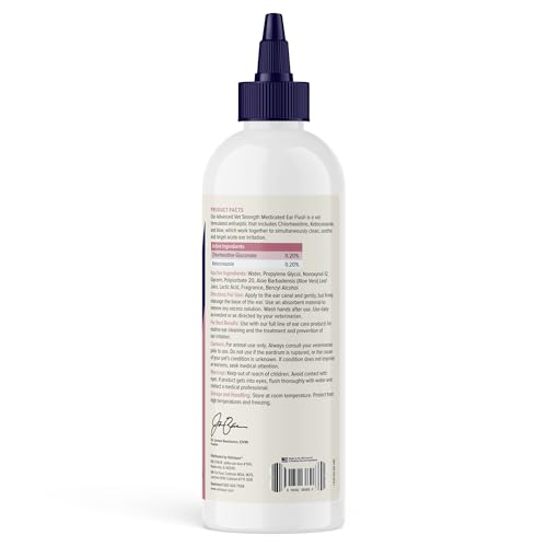 Vetnique Oticbliss Advanced Strength Dog Ear Infection Treatment Flush, Antiseptic Cat & Dog Ear Cleaner Solution Medicated with Chlorhexidine & Ketoconazole Helps with Ear Yeast (12oz Flush)