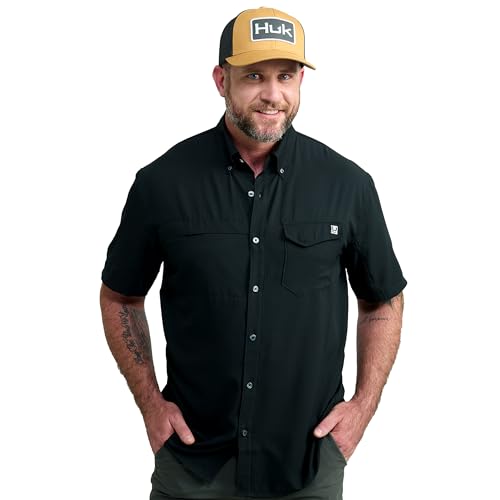 HUK mens Tide Point Solid Short Sleeve Shirt for Men Button Down Shirt Black Large US