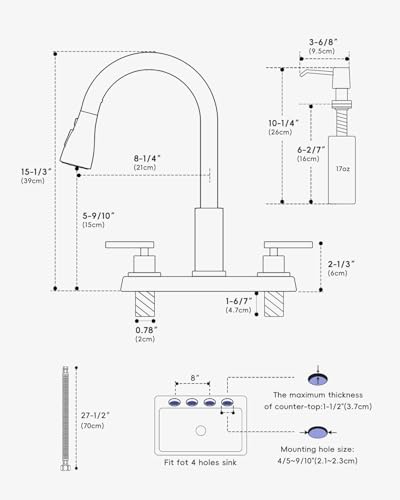 Image of APPASO 2 Handles 4 Hole Kitchen Faucet with Pull Down Sprayer Brushed Gold | Gold Kitchen Faucets with Soap Dispenser, Modern High Arc Stainless Steel for 3 & 4 Hole Sinks, Spot Free, Easy to Install