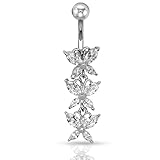Pierce2GO Anodized Silver 316L 3 Butterflies Dangle Belly Ring with CZ Stones (Clear)
