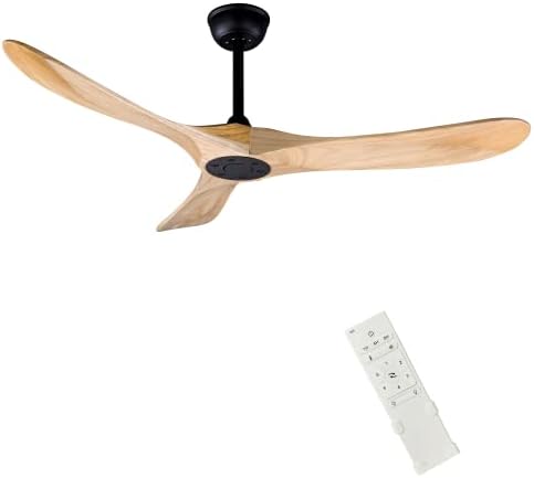 FOBLKS 52" Indoor/Outdoor Wooden Ceiling Fan, 3 Blade DC Ceiling Fan with Remote Control, 2 Downrods, Reversible DC Motor 27W Quiet Energy Saving