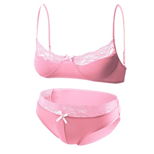 Men's Sissy Bra Set 2 Piece Lingerie Thongs Lace With Briefs Tops Suit Gay Sexy Temptation Underwear Nightwear (Pink,X-Large)