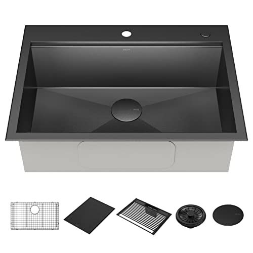 DELTA FAUCET Delta Rivet 30 Inch Black Stainless Steel Drop-In Top Mount 16 Gauge Workstation Kitchen Sink Single Bowl in PVD Gunmetal Finish with WorkFlow Ledge and Accessories, 95A9031-T30S-GS
