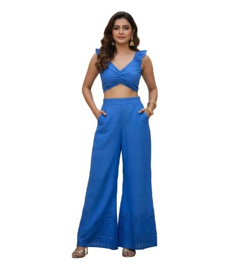 Women's Solid Blue Sleeveless Knot Front Crop Top with High Waist Wide Leg Palazzo Co-Ord Set-image-26