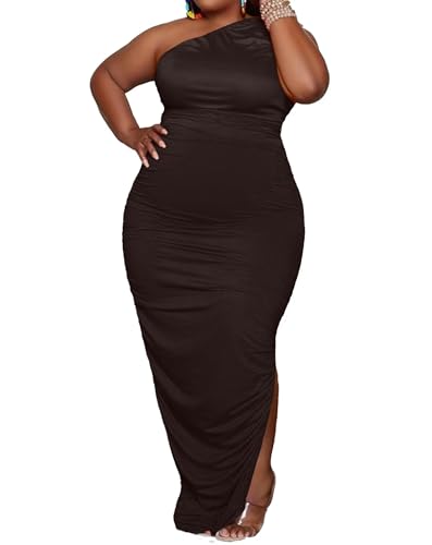 Image of Womens Sexy Plus Size One Off Shoulder Sleeveless Bodycon Ruched Evening Pencil Party Maxi Dresss