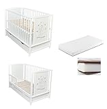 babybett massivholz Motiv auf beiden Seiten Dedstore-Baby Kinderbett Gitterbett Babybett mit Motiv 120x60 Weiß Schutzgitter Massivholz Matratze (Kokos-Schaum-Kokos120x60x8 cm) Sweet Dreams