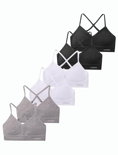 Livona Racerback Training Bra for Girls- 6 Pack Seamless Sports Bra, Padded Everyday Bra Bralette,Crop Cami Tank Top (6-14)