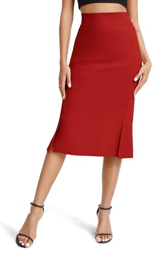 Mujeres Elegante Negocios Elástico Lápiz Falda Alta Cintura Midi Falda con Split(XL, Rojo)