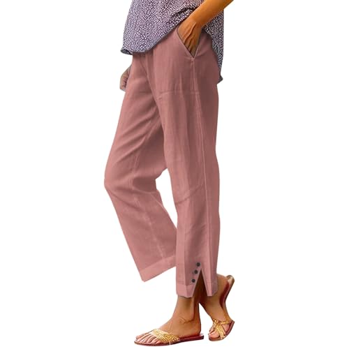 Pantalones Mujer Verano 7/8 Elástico Fluido Casual Pantalones De Playa con Bolsillos De Talle Alto Ligero Pantalones De Verano De Lino Ancho Casual Chic Jogging Trabajo Pantalones 7/8, Rosa dorado