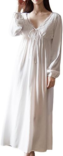 Asherbaby Women's Long Short Sleeve Vintage Lace V Neck Nightgown Cotton Sleepwear