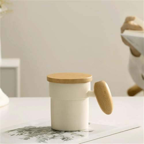 Tazas de café de cerámica de 10.82 oz con tapa e infusor de madera para casa 7