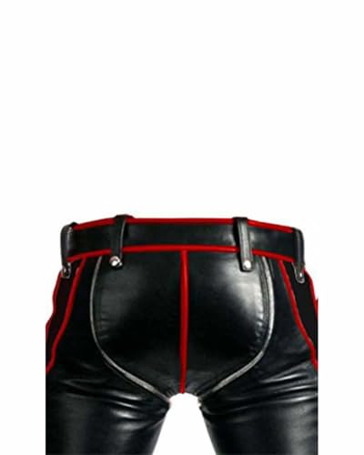 Men’s Heavy-Duty Real Black Leather Jeans – Bondage Style Trousers with Red Piping, Reinforced Build and Statement Fetishwear Design Garment Waist 34", Inseam Length 31"3
