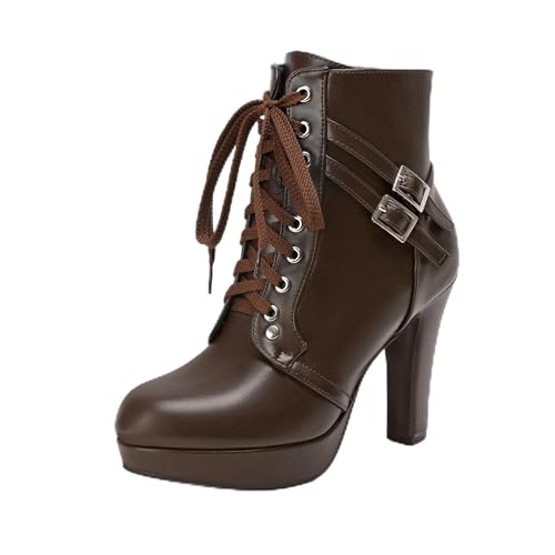 Image of Susanny High Heel Boots for Women,Womens Platform Boot Heels Sexy Round Toe Lace UP High Heels Mid Calf Boots