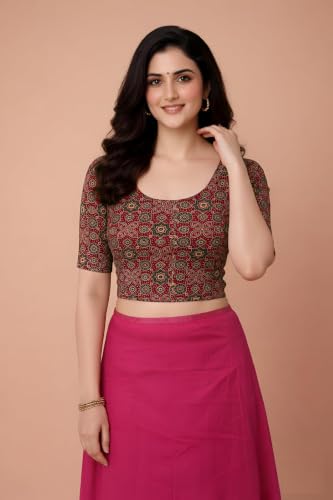 Image of Amazon Brand - Anarva Women's Kalamkari Print Cotton Stretchable Round Neck Readymade Saree Blouse