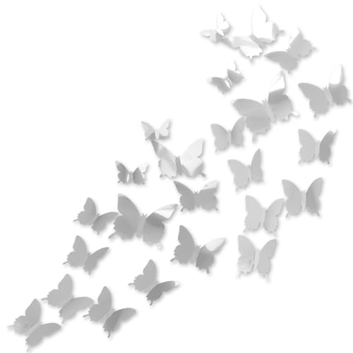 24 Pièces Stickers 3D Miroir Papillon Decoration | 3 Tailles Deco Chambre Fille argent | Stikers Murals Amovible pour Chambre d'Enfant Mariage Fête