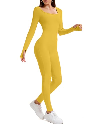 OOHOKAY Jumpsuit Womens Long Tight Yoga Bodysuit Stretch Shape Long Sleeve High Waist Sports(Yellow-C XL)