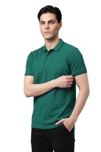Image of Peter England Men's Snug Fit Solid Polo T-Shirt with Coloured Collar Tipping| Cotton Rich| Premium Pique Weave