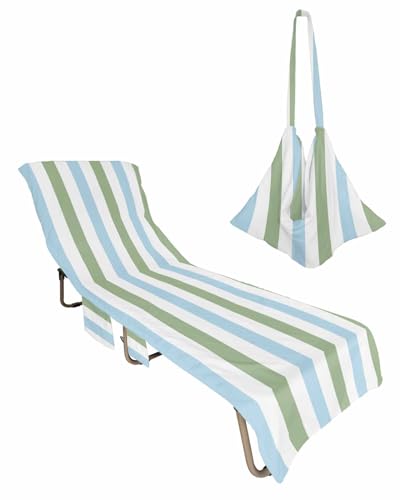 Sage Green Blue Striped Beach Lounge Chair Towel Cover, Soft Chaise Lounge Towel with Side Pockets Patio Pool Chairs Cover for Beach/Pool Sunbathing 29x85 Farmhouse Sage Green Stripes
