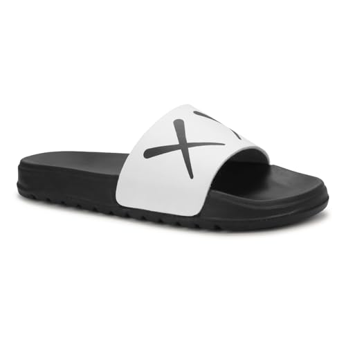 Image of PERY-PAO Sliders Mens White, Sky Blue Stylish Printed Flip Flop & Slippers