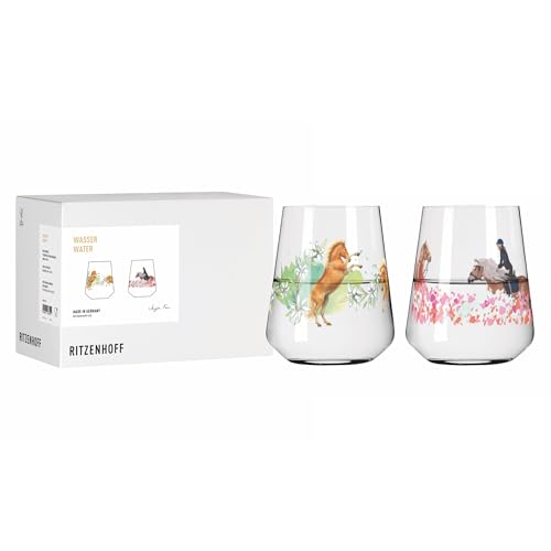 RITZENHOFF 8086006 Universal Glas 2er-Set 0,6 l, Serie Reitgold - Anja Fee Edition mit eleganten Reitszenen und lebendigem Design – Made in Germany