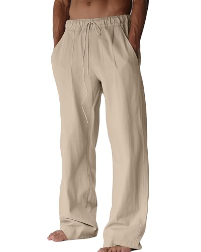 BUXKR Men's Linen Pants Beach Casual Cotton Summer Lightweight Elastic Waist Drawstring with Deep Pockets