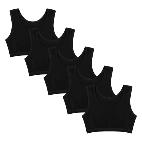 Donella Girls Training Bras - Soft Cotton Kids Sports Bra, 5 Pack Crop Tops, Black, Age: 8-9