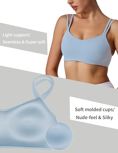 Image of Yoga Sports Workout Bras for Women Seamless Molded Cup Spaghetti Double Strap Bra Wirefree Scoop Neck Tank Top Bras