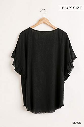Umgee Women's Ruffle Sleeve Frayed Hem Top (X-Large, Black) #TOP2