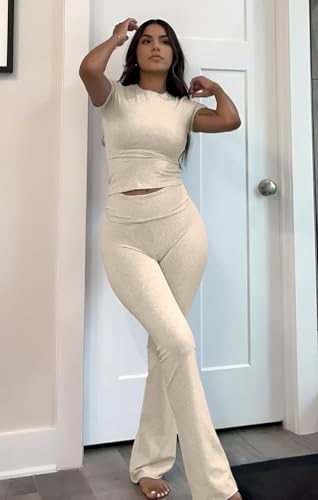 Image of ZFLM Casual Workout Two Piece Outfits for Women Short Sleeve Crop High Waist Foldover Flare Pants Tracksuit Sets Streetwear