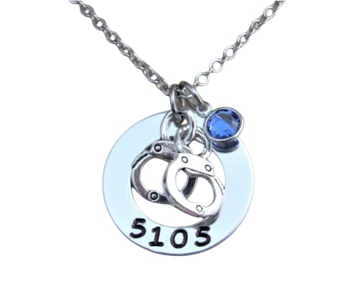 Police Wife, Police Mom, Police Daughter Necklace with Custom Badge Number, Handcuffs & Blue Bead, Police Lives Matter Jewelry