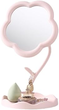 GERRIT Desktop Makeup Mirror, Sunflower-Shaped Vanity Mirror, Detachable, Jewelry Hanging, High-Definition Vanity Mirror Pink