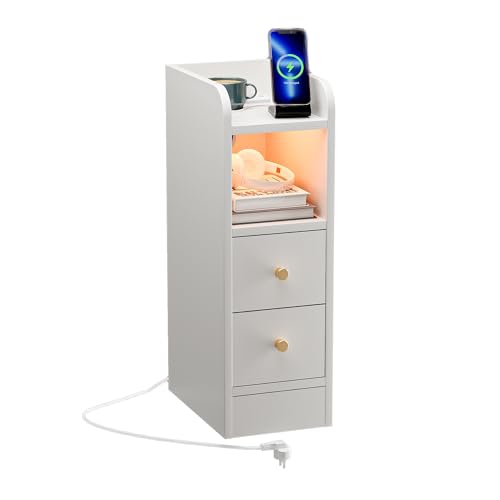 ChromaCasa Comodino Stretto Camera da Letto con Prese e Luce LED RGB, Comodini Stretti con 1 AC 2 USB porta, 2 Cassetti e Scompartimento aperto per Camera da Letto Soggiorno, Bianco 30x20x60cm