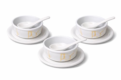Image of Ariya Melamine French Soup Bowl Set of 3 (350 ml, White /Gold) with Spoons & Saucers|Premium Soup Serving Bowls|Microwave & Dishwasher Safe|Durable Bowls for Soup, Noodles, Cereal & Pasta