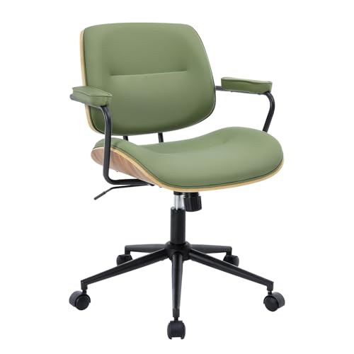 Image of Mid Century Modern Office Chair with Adjustable Backrest, Wooden Desk Chair with Armrests, Swivel Height Adjustable Home Office Chair, Comfortable Task Chair for Home Office, Green