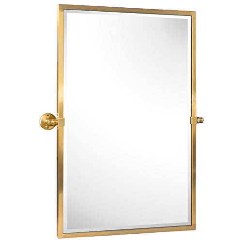 TEHOME Brushed Gold Metal Framed Pivot Rectangle Bathroom Mirror Tilting Beveled Vanity Mirrors for Wall, Overall 27.9 x 36 inches (Mirrror 24 x 36 inches)
