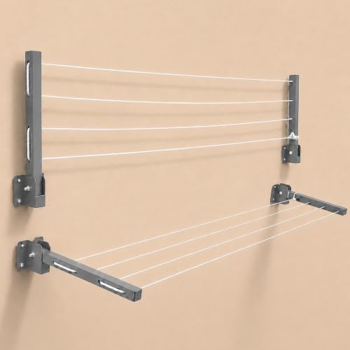 Image of Robustt Wall Mounted Clothes Drying Stand | 55 Ft Drying Space | Heavy-Duty Foldable Powder Coated Metal Arms Cloth Dryer Rack | Space Saving Laundry Hanger for Balcony, Bathroom, Terrace | Grey