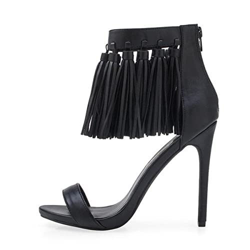 YDN Women's Open Toe Stiletto High Heel Sandals Fringe Tassel Ankle Strap with Back Zipper Elegant Party Dress Prom Shoes Size 4-15 US2