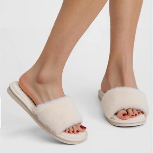 Womens Fuzzy Open Toe House Slippers Indoor Cotton Bedroom Slippers Slides for Women, Cozy Soft Fluffy Slides2