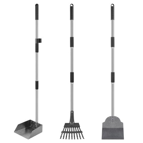 Image of 3 Pcs Dog Pooper Scooper Tray Shovel & Rake Kit, Heavy Duty Dog Poop Scooper with Adjustable Metal Long Handle, Portable Large Dogs Poop Picker Upper for Yard, Walks, Grass & Garden Leaves