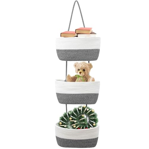 Sonhomay Cestas de Almacenamiento Colgantes de 3 Niveles para Colgar sobre la Puerta, Cesta de Cuerda de Algodón Tejida, Organizador de Pared Colgante para Salón, Baño, Dormitorio