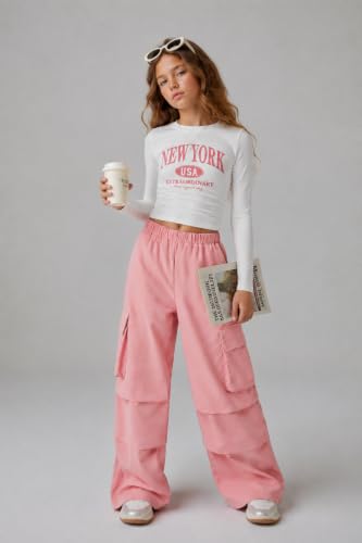 Image of Azmxynol Girls Clothes 2 Piece Outfit Ribbed T-Shirt Top + Cargo Pants, Girls Fall Clothing Set, Sizes 5-16 Years