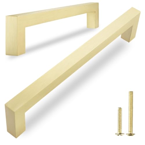 QOGRISUN 5-Pack Brushed Brass Cabinet Pulls, Solid Brass, 6-5/16" Center