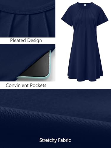 Image of Heymoments Women's Short Sleeve Crew Neck Summer DressesComfy Swing Dress Navy Blue Small Casual T-Shirt Loose Midi Vacation Teacher Sundress with Pockets