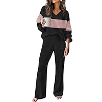 RUMIA Two Piece Sets for Women Loose Fit Cute Fashion Sweater Pant Sets Travel Outfits Airport Ouffits Pink Block L