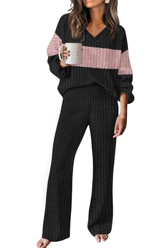 RUMIA Two Piece Sets for Women Loose Fit Cute Fashion Sweater Pant Sets Travel Outfits Airport Ouffits Pink Block M